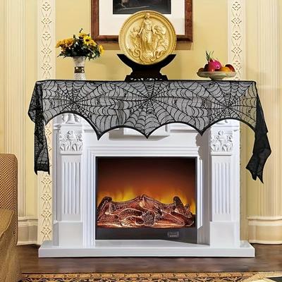 Halloween Black Lace Spider Web Cobweb Bat Fireplace Mantle Scarf Cover Stove Cloth Ghost Festival Party Halloween Decoration