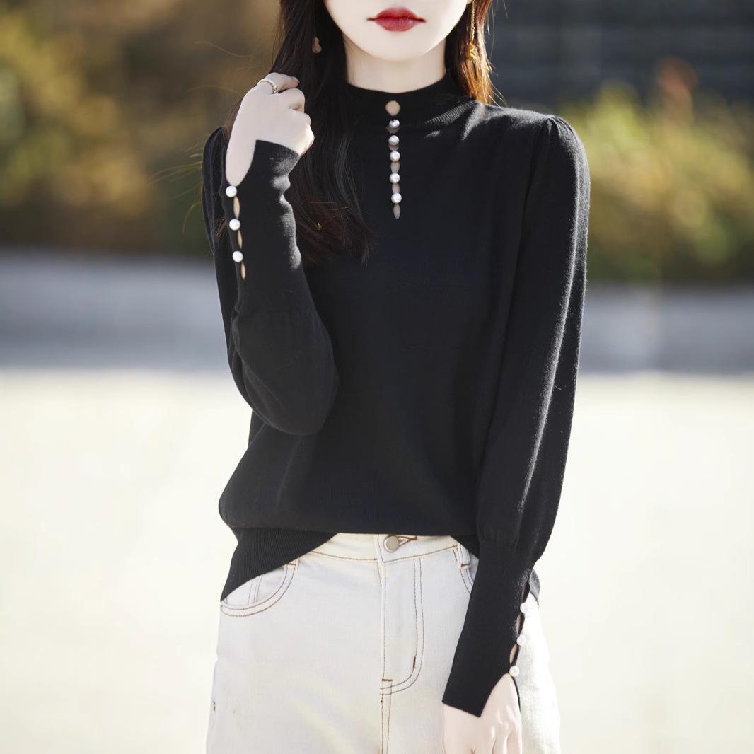 

Chic Women s 100% Wool Lantern Sleeve Sweater with Pearl Buttons Extra Large