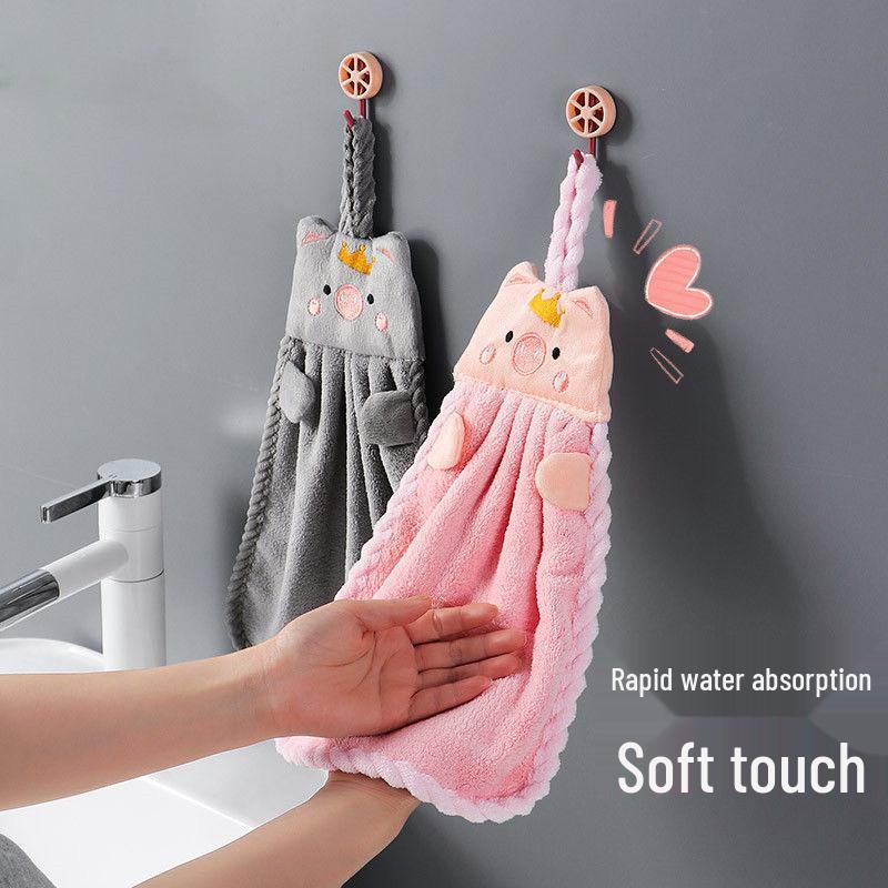 Absorbent Lint-Free Coral Fleece Pig Hanging Towel - Cute Children's Hand Towel