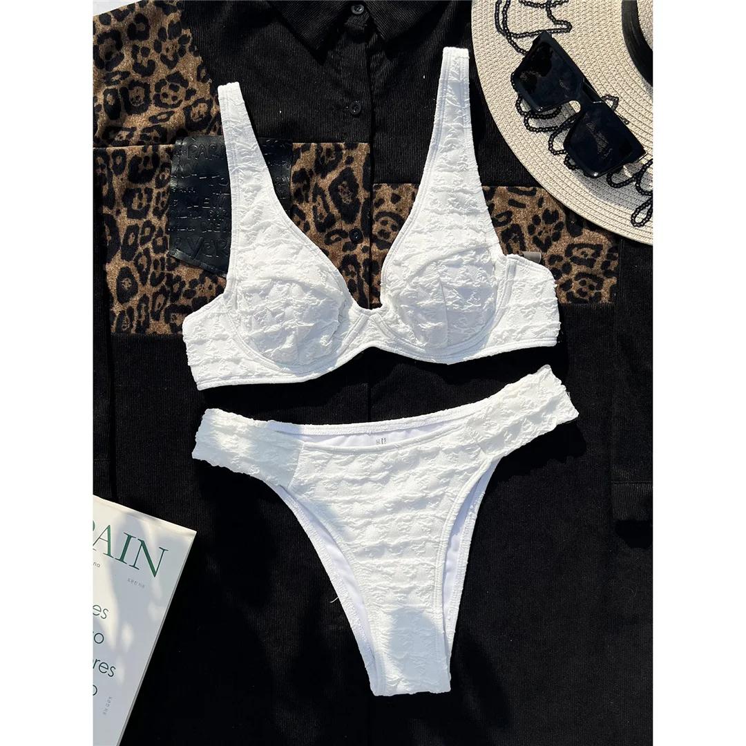 

Сексуальный сморщенный женский купальник бикини на косточках со средней талией, женский купальник, комплект бикини из двух частей, купальный костюм для купания L белый