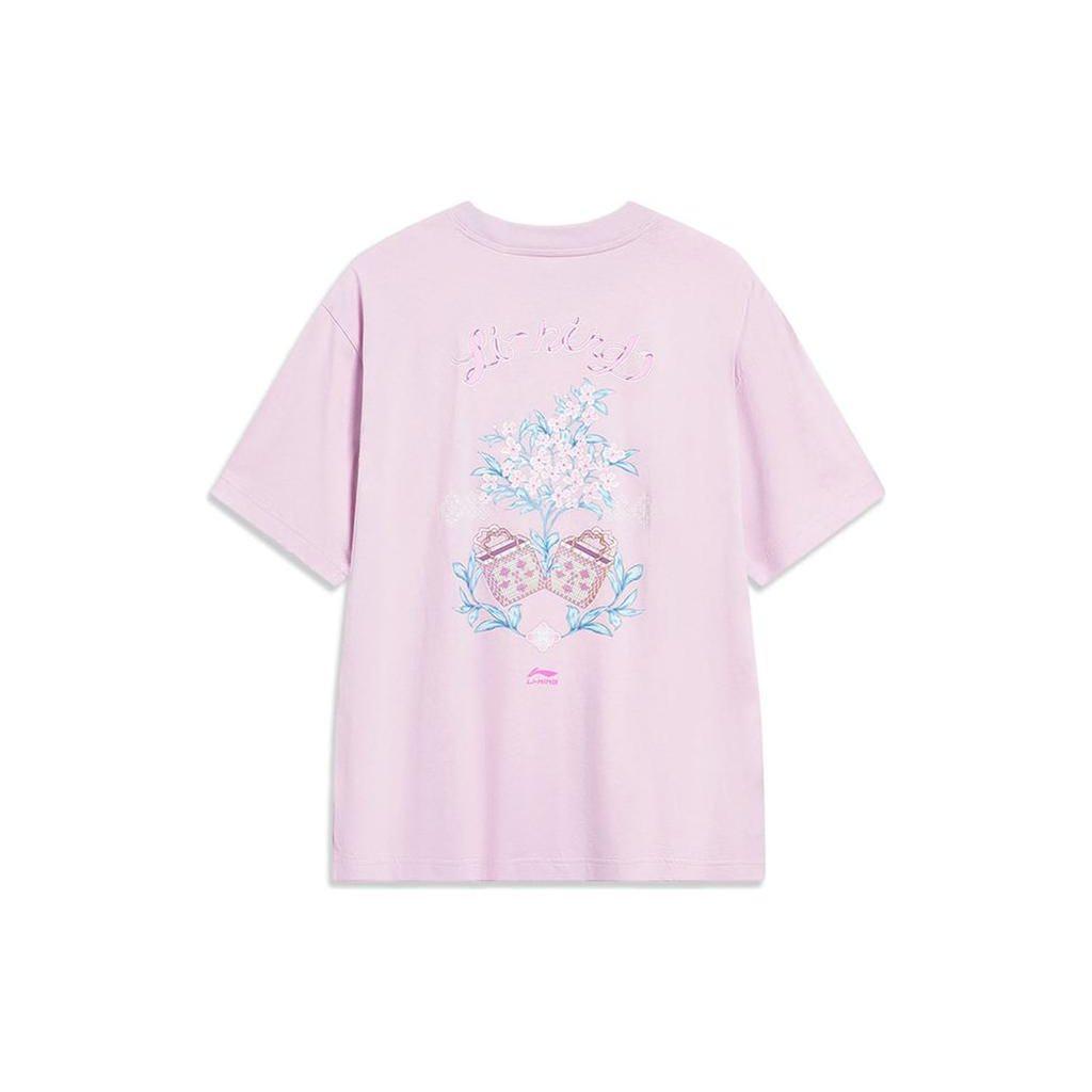Li Ning Chinese Culture Series Floral Pattern Round Neck Short Sleeve T-Shirt Women Tops Lotus-Pink-Purple AHST428-2