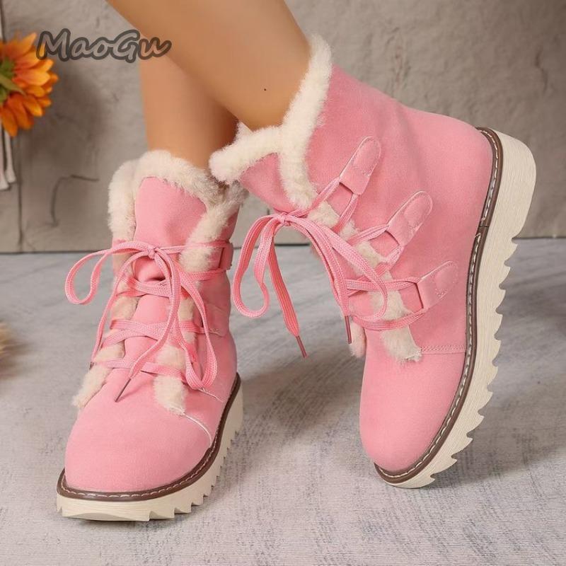 Fashion Snow Boots for Women Outwear 2025 New Fashionable Lace Up Flat Thick Bottom Velvet Snow Boots Anti-Slip Outdoor Mid Calf Botas