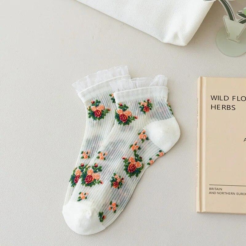 Japan Style Lace Ruffle Socks Flower Embroidery Harajuku Retro Women Short Socks Summer Ultra-thin Transparent Crystal Silk Sock