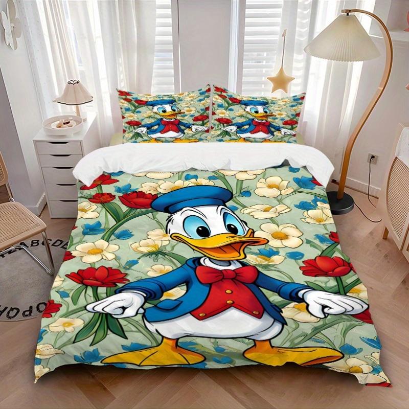 3pcs Donald Duck Floral Quilt Cover Set (1 Quilt Cover + 2 Pillowcases Without Pillow Core), High-Definition Printing for Home and Dormitory