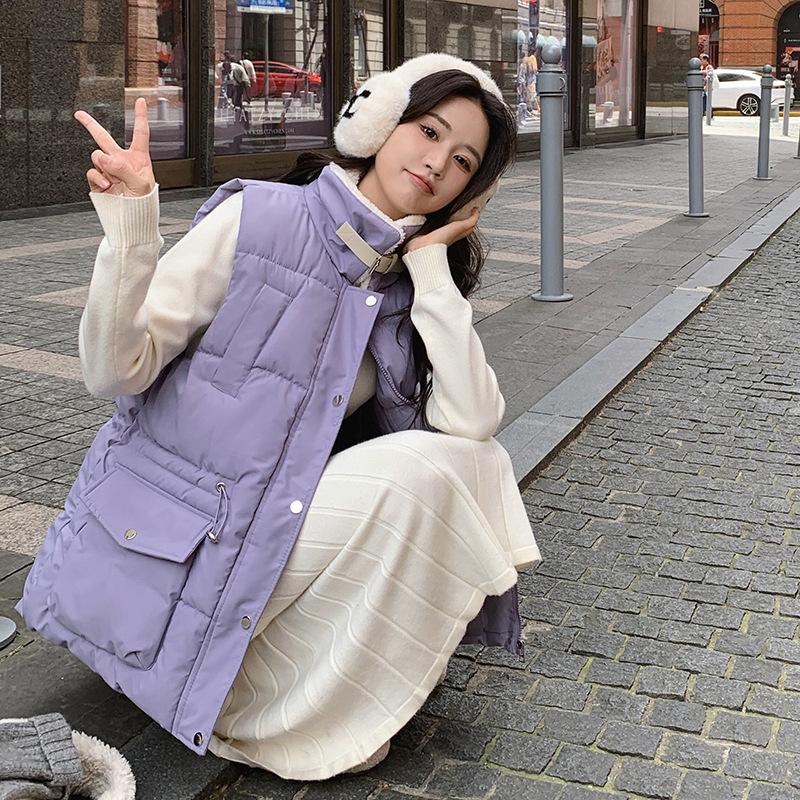 Lamb wool splicing down cotton vest women's autumn and winter waist thin medium and long vest jacket