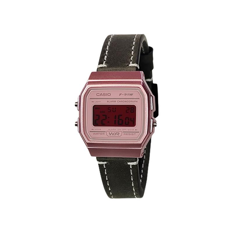 CASIO Customized watch modified series red mirror retro small square watch -4 modified-red amber Quartz leather strap m F-91WS