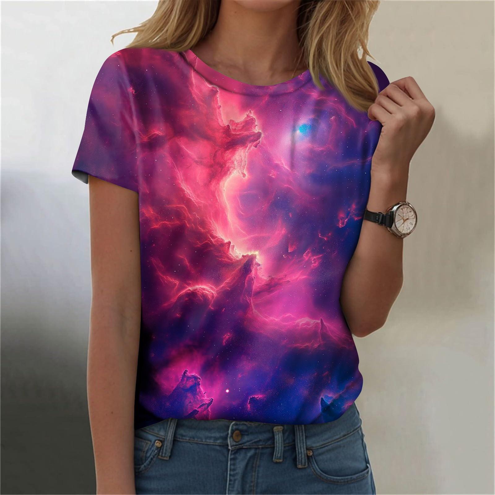 

Женская мода повседневная футболка с круглым вырезом и короткими рукавами с принтом неба XL фиолетовый