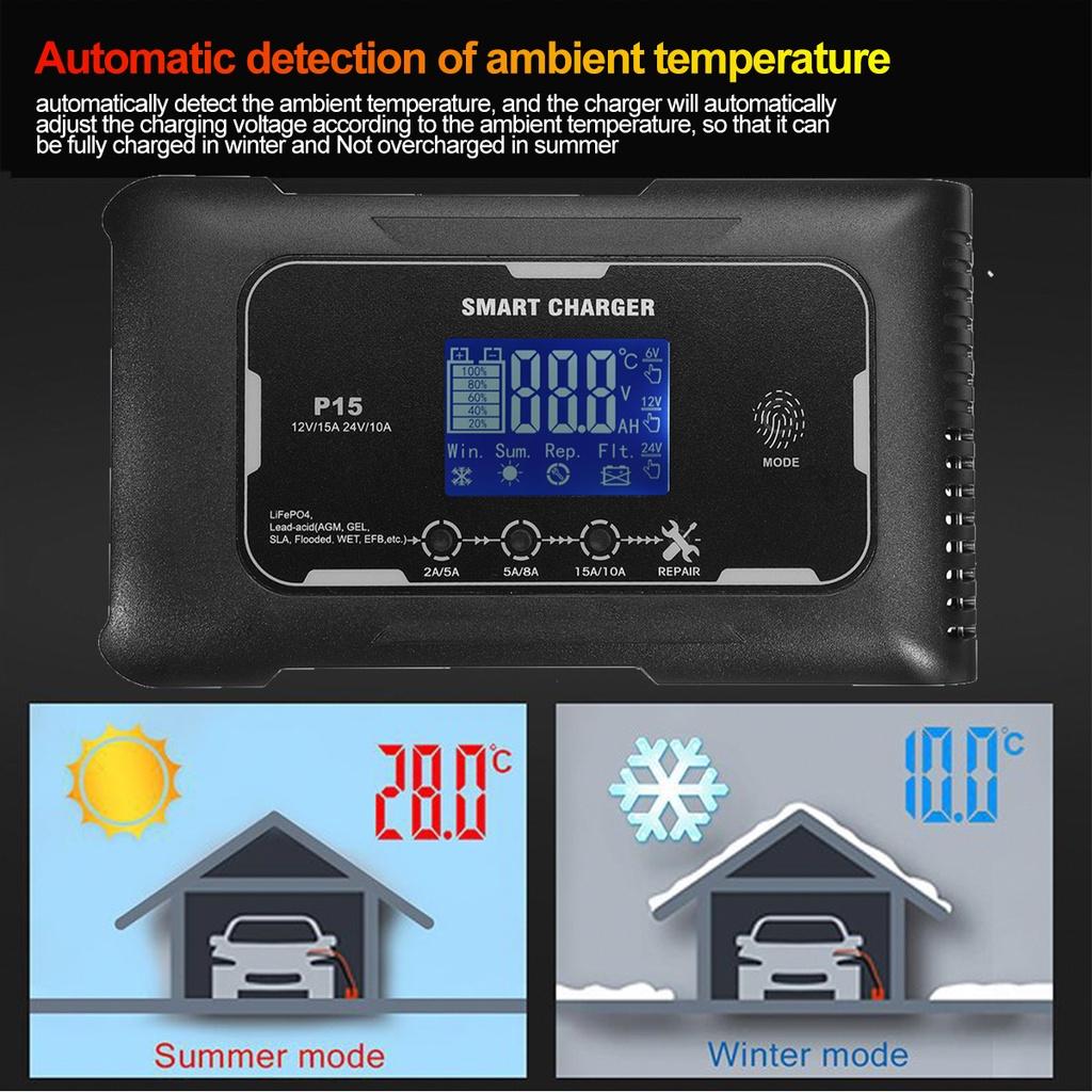 Black Car Battery Charger Pulse Repair Automatic Charging 12V 15A / 24V 10A For Car Motorcycle Lead Acid Battery AGM Gel Wet EFB