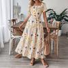 Summer New Style Country-style Maxi Skirt with Small Floral Patterns, Square Neckline, Fitted Waist, and Short Sleeves.