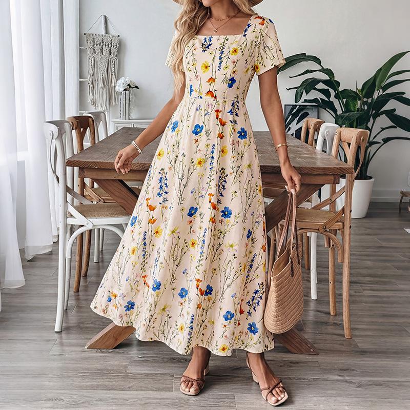 Summer New Style Country-style Maxi Skirt with Small Floral Patterns, Square Neckline, Fitted Waist, and Short Sleeves.