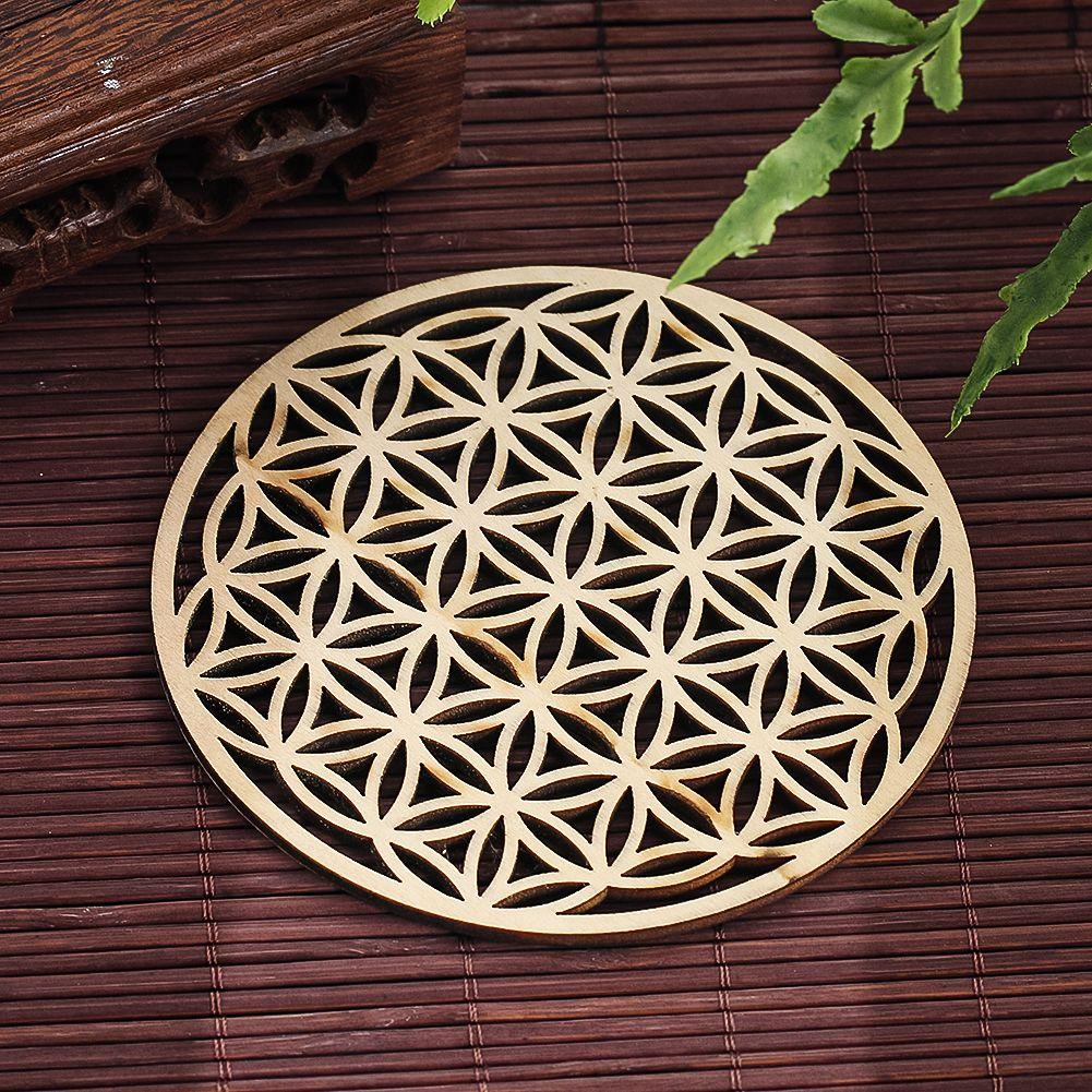10pcs/lot Flower of Life Natural Symbol Wood Round Edge Circles Carved Coaster For Stone Crystal Set DIY Decor Mats Pads