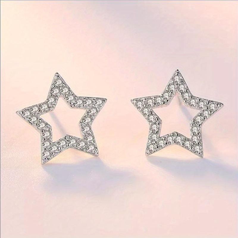 A Pair of Stylish Small Hollow Synthetic Zircon Pentagram Earrings, Elegant Star Shape and Versatile Geometric Earrings