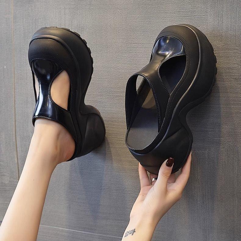 

Thick bottom heightening cool slippers new summer wear versatile fashion slope heel bag head half slippers women 35 чёрный