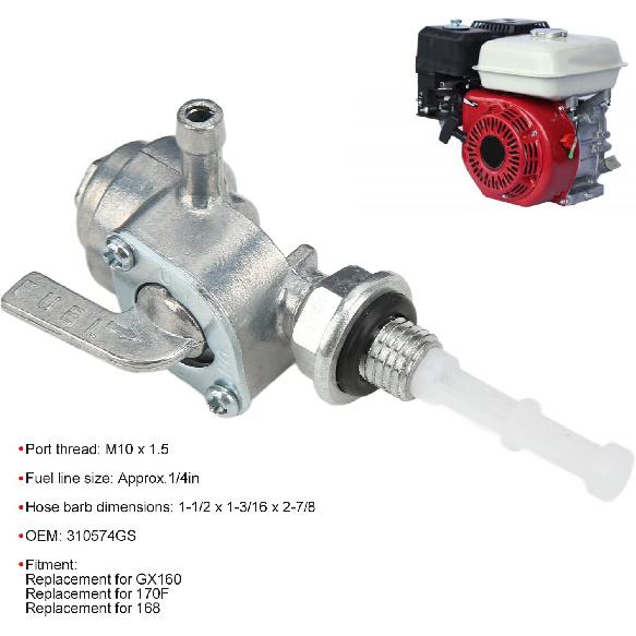 Fuel Shut Off Valve, 310574GS M10x1.5 Metal Fuel Valve Petcock for Gasoline Generator