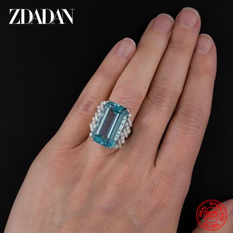 Anillo Cuadrado de Plata de Ley 925 con Charm de Aguamarina para Mujer Moda Joyería de Boda Regalo