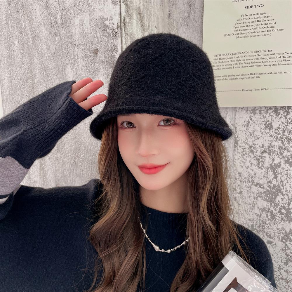 

Шляпа женская осенне-зимняя из кроличьего меха, вязаная шерстяная панама, плюшевая двусторонняя панама, теплая, модная Adult (55-58cm) чёрный