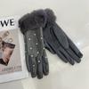 Diamond-encrusted PU leather finger gloves women's autumn and winter warm touch screen plush cuffs cycling five-finger gloves tide
