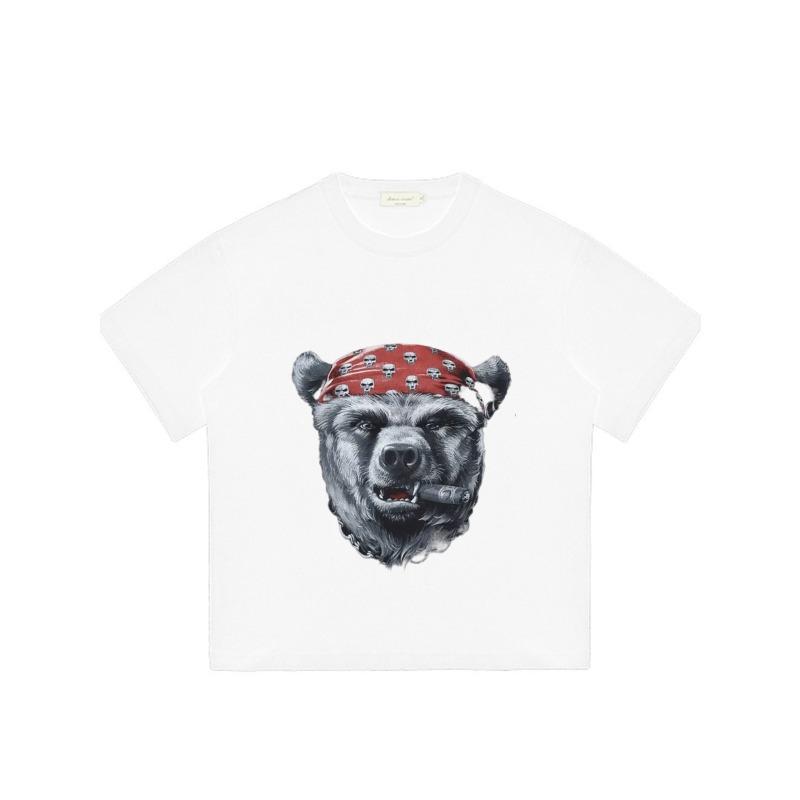 White T Shirt Bear Head With Red Bandana And Cigar Graphic Print Casual Streetwear For Men And Women
