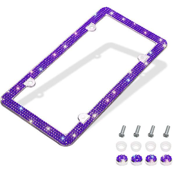 Otostar Bling License Plate Frame, Handcrafted 4 Rows Shiny Rhinestones Stainless Steel 4 Holes License Plate Frame With Anti-Theft Screws Caps Set