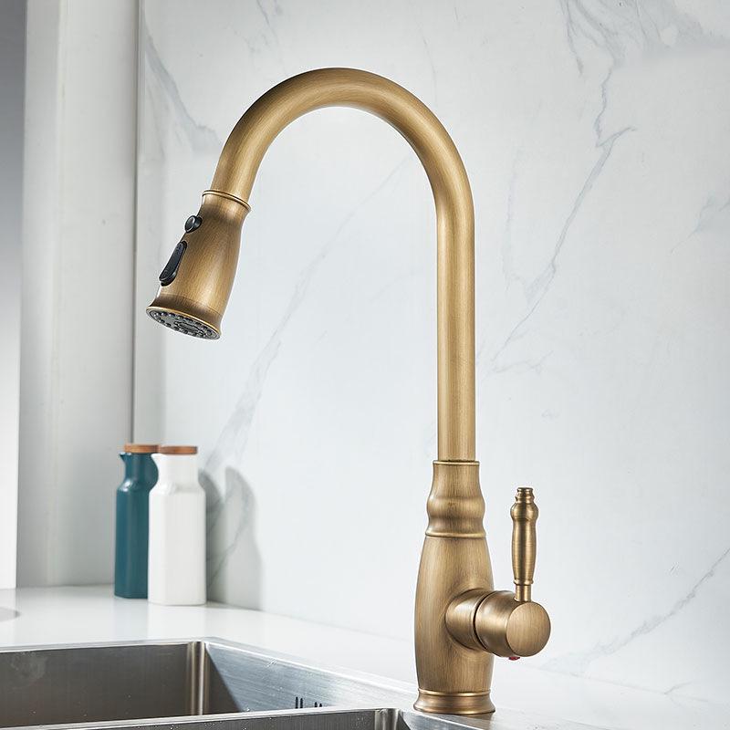 Elegant European-Style Brass Kitchen Faucet with Pull-Out Sprayer for Hot and Cold Water