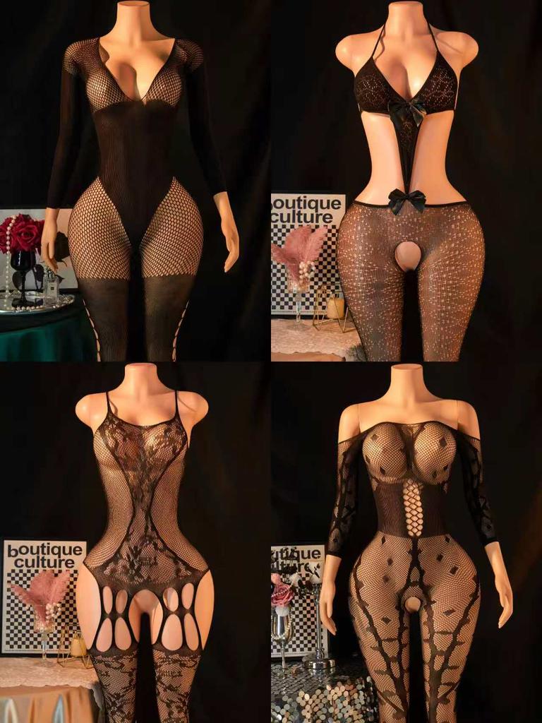 4 Pcs Women'S Sexy Lingerie Stretchy Tight-Fitting Bodysuit & Dress Sexy See-Through Hollow-Out Fishnet Babydoll For Night Club