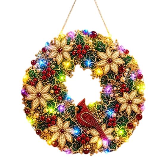 Funkelndes Edelstein Bastelset DIY Acryl Weihnachten Kunstperlen Aufhänge-Set, Beleuchteter Kranz 3D Perlen-Sets für Erwachsene Set mit LED-Lichterkette