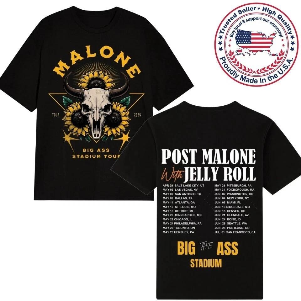 Стадионный Футболка Malone Post Malone Jelly Roll Тур 2025 Концертная Футболка Унисекс Футболка XXXXL