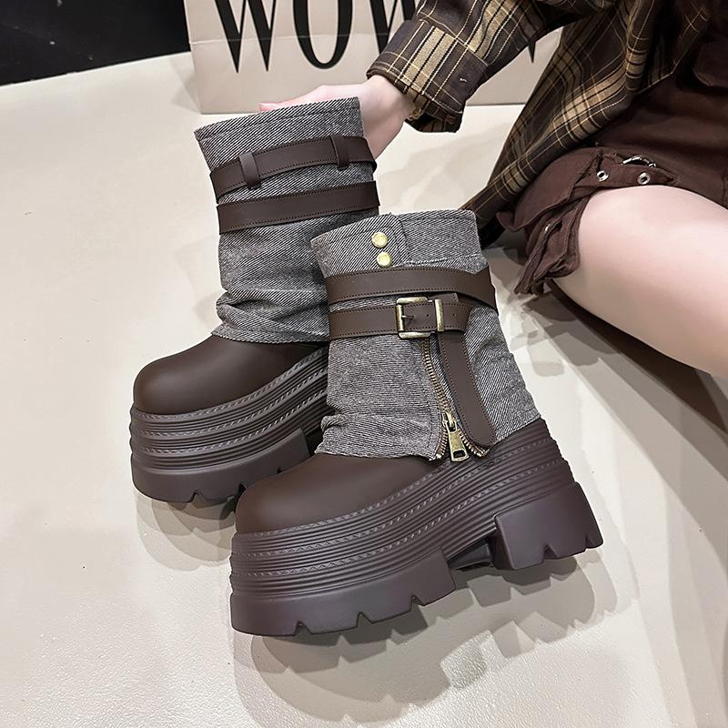 

Thick-soled Martin boots women s 2025 autumn new trouser tube short boots British style retro height-increasing and thin locomotive boots 40 коричневий