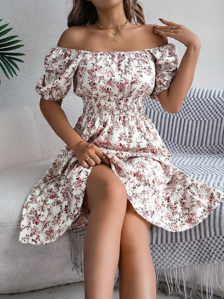 Euro Sommer Florales A-Linien-Kleid mit Rüschensaum für Freizeitkleidung