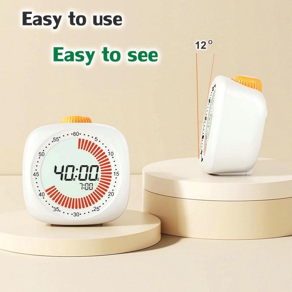 Pomodoro Digital Visual Timer with 3 Alarm Clock, All In One 60min Study Kitchen Shower Blacknight Cute Timer, Time Manager Tool