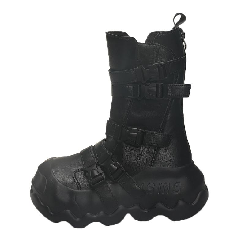 Fashion Women Chunky Mid-Calf Boots New Autumn Leather High Platform Round Toe Ladies Shoes Punk Buckle Motorcycle Boots Winter Sneakers