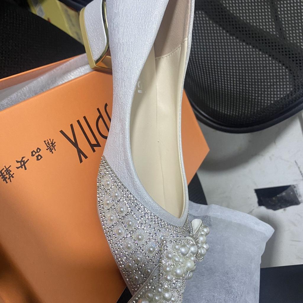 Women's Summer Footwear Pearl Square Heels Shoes for Woman 2024 Pointed Toe Diamond Low Heel Elegant with Crystals Rhinestone E