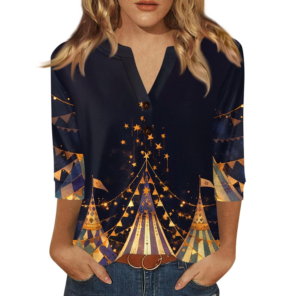 Women's Carnival Printed Fashionable Casual V-neck Button Seven Inch Sleeve T-shirt Top