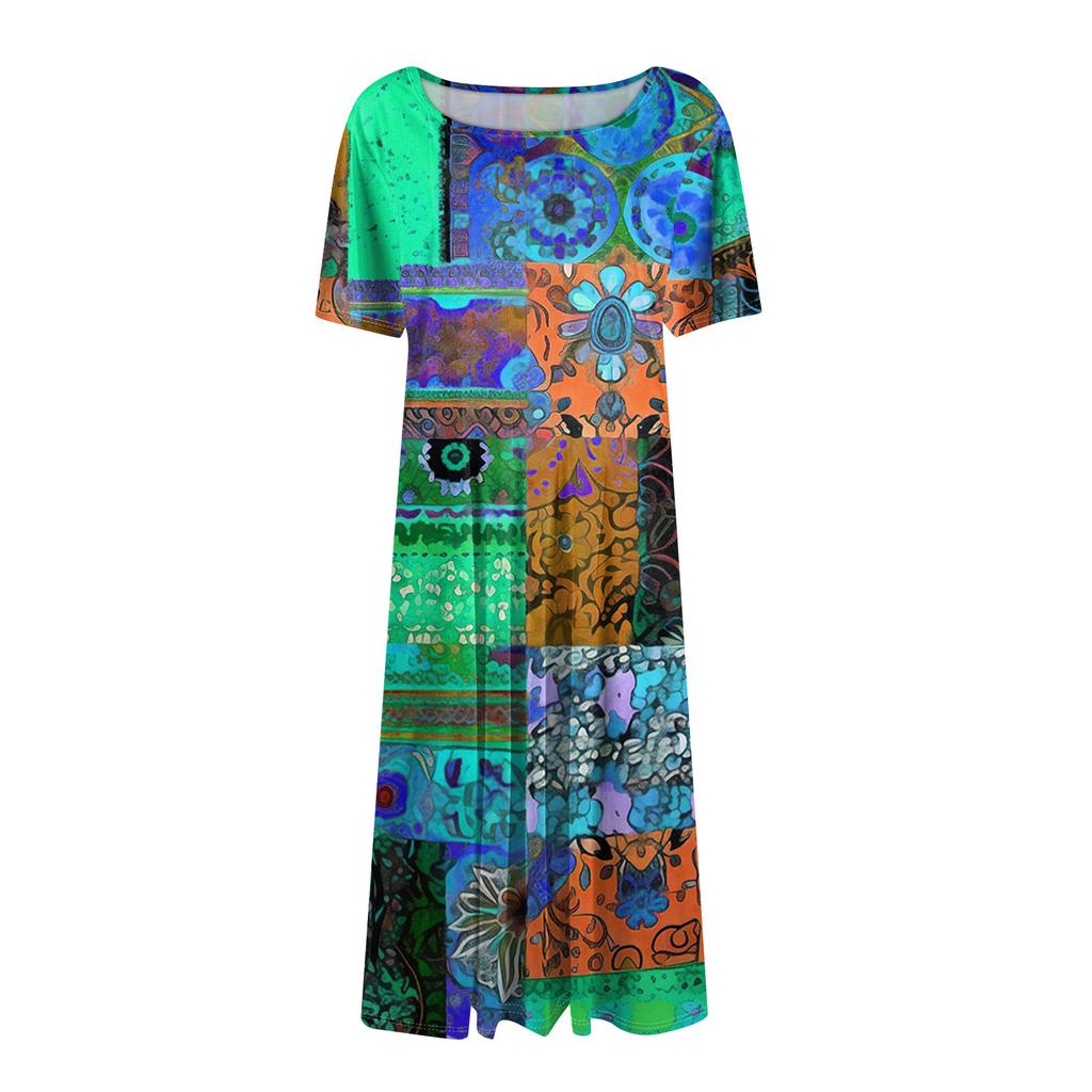 Women Casual Printed Round Neck Short Sleeved Long Dress