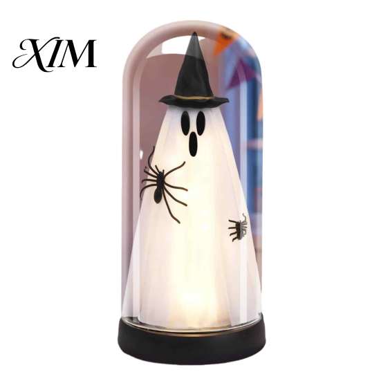 Reusable Festive Ornament Indoor Light Up Ghost In Dome Cloche, Halloween Cute Witch Decorative Spooky Desktop Table Lamp with LED for Home