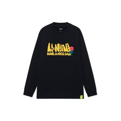 Li Ning Urban Outdoor Series Logo Print Round Neck Loose Long Sleeve T-Shirt Unisex Tops Black AHSR985-3