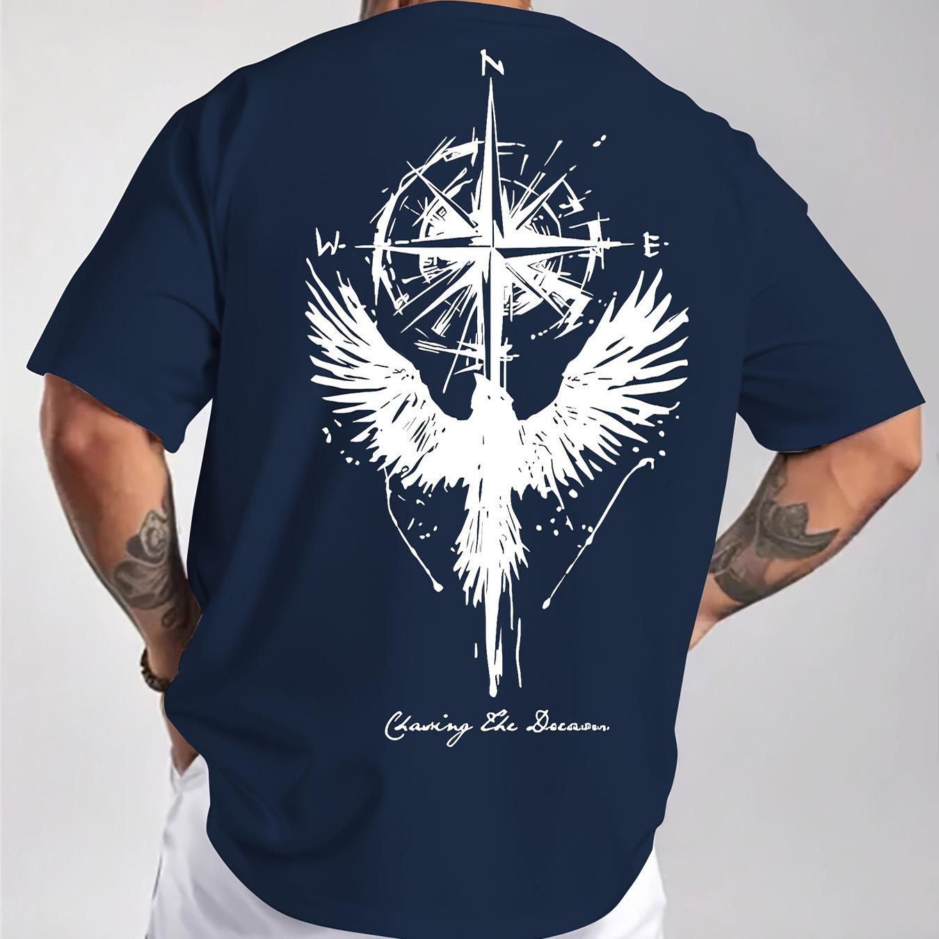 

Мужская летняя модная повседневная футболка с круглым вырезом и коротким рукавом свободного кроя с принтом в виде компаса, карты и птиц, 100% хлопок 4XL