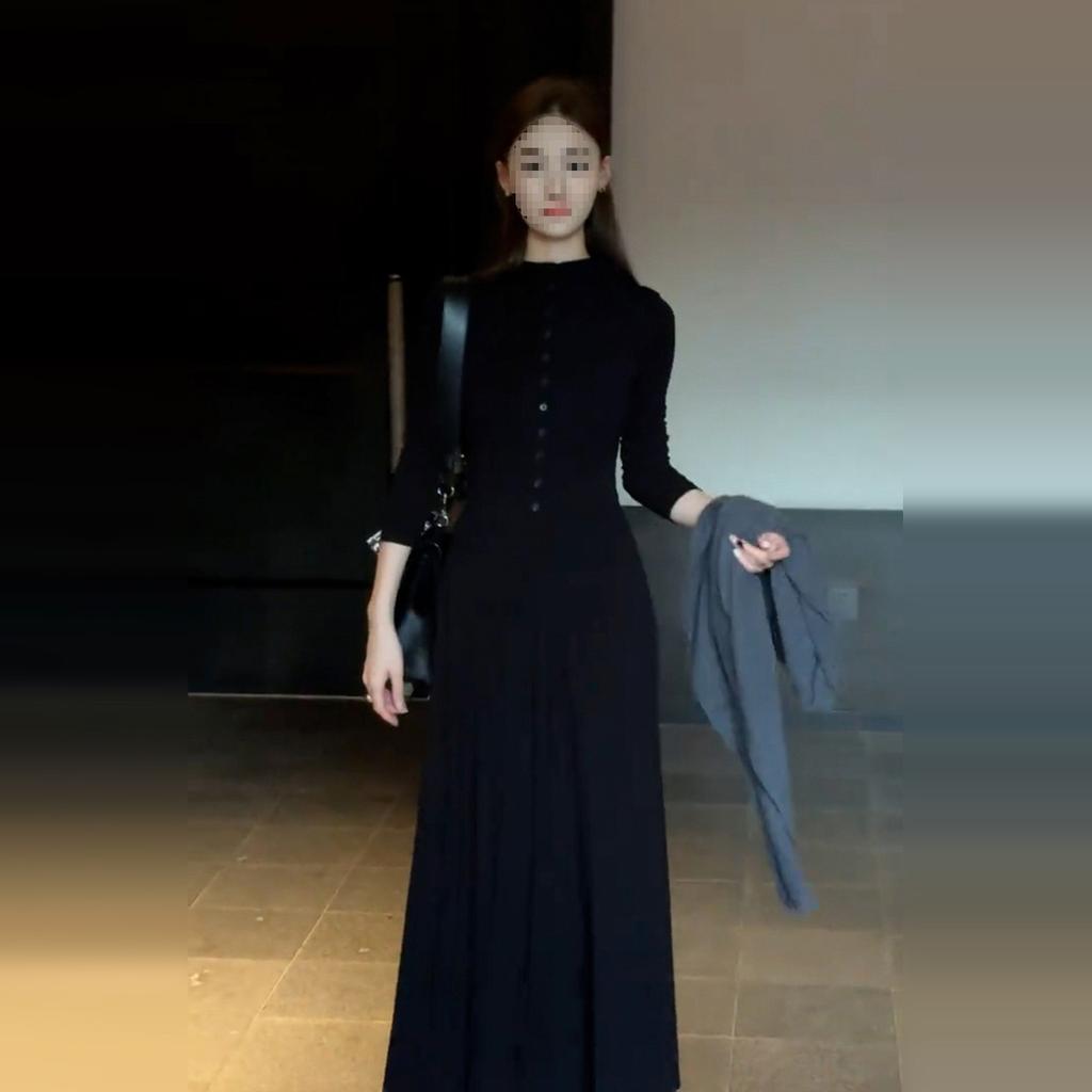 High Quality! French Premium Black Knitted Long-sleeved Dress for Women's Early Autumn Waist and Bottom Dress