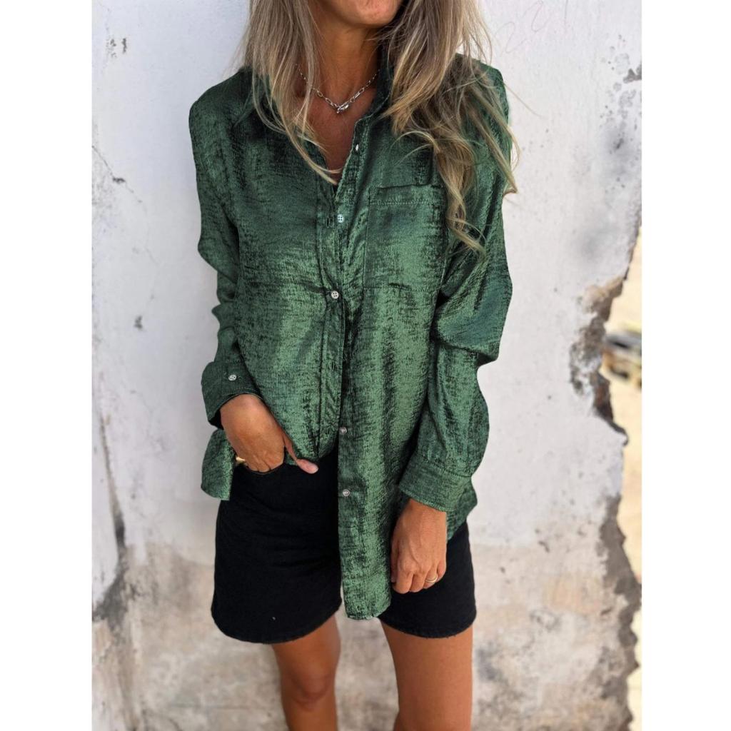 Women's Lapel Collar Long Sleeve Metallic Foil Single Breasted Pocket Loose Casual Shirt Blouse