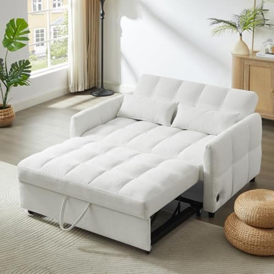52.8-Inch Chenille Bed 2-Seaters Lounge Daybed for Home Apartment, Modern 3-in-1 Convertible Sleeper Sofa W/Pull Out Sleeper Co