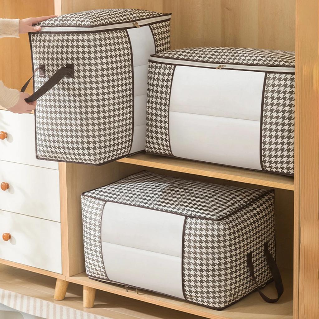 3 Stück - Aufbewahrungsbox mit großem Fassungsvermögen und Hahnentrittmuster, staubdichter Behälter mit Reißverschluss, Koffer Kleidung Steppdecken Organizer