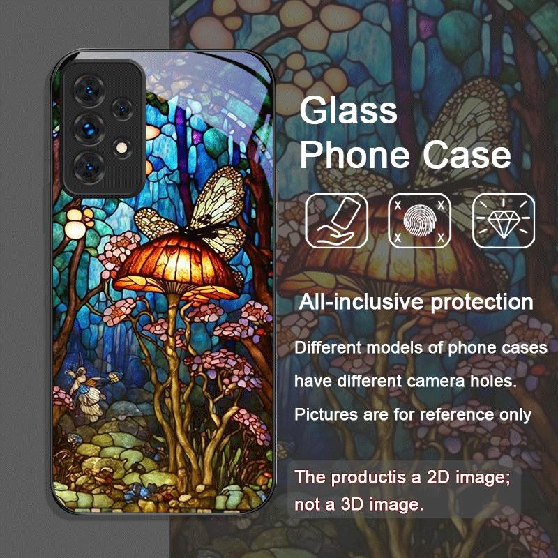 

Цветной стеклянный стиль Лесные грибы Узор Закаленное стекло Чехол для телефона для Samsung Galaxy A56 A55 A54 A53 A52 A36 A14 A51 Чехол Galaxy A14 4G