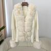 Damen Strickjacke mit Kunstfuchsfellkragen Kurzer Warmer Wollmischungs Pullover Büro Chic