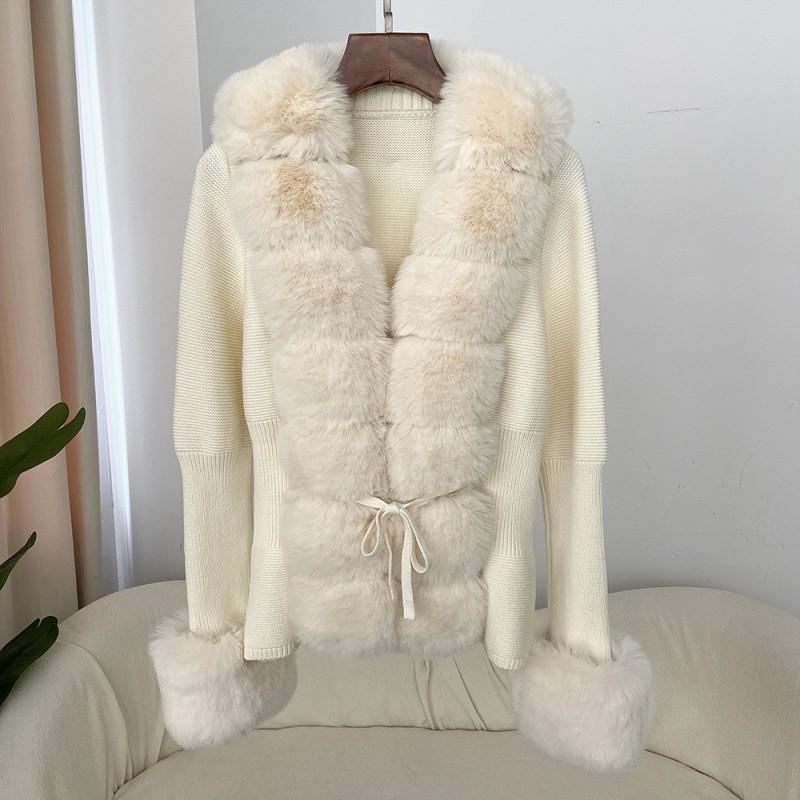 Damen Strickjacke mit Kunstfuchsfellkragen Kurzer Warmer Wollmischungs Pullover Büro Chic