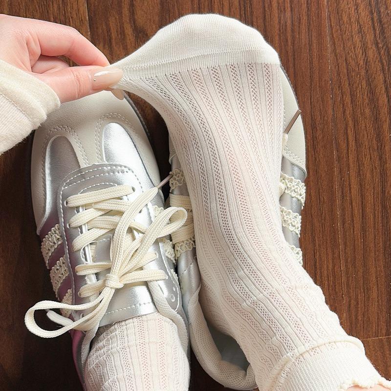 Female Summer Thin Style Leisure All Match Lace Pure Color Hollow Breathable Mesh Tube Stack Socks