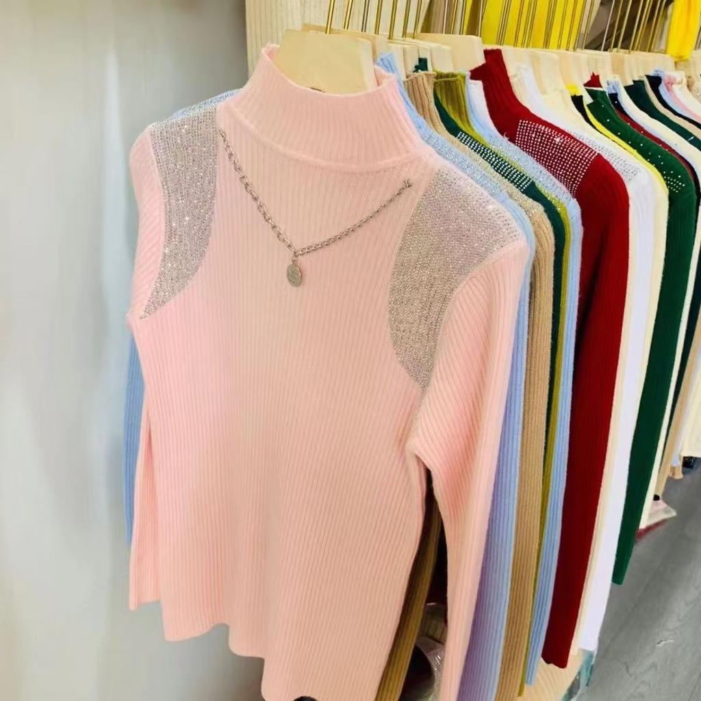 Women's Half Turtleneck Sweater Rhinestone Hollow Knit Pullover Sweater Autumn and Winter Solid Color Slim Fit Sweater Top