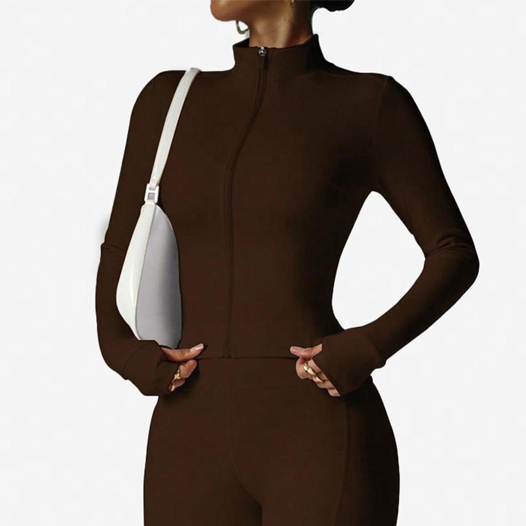 Waist-Cinching Yoga Set: Long-Sleeve Jacket & Butt-Lifting Micro-Flare Pants - Women's Sportswear for Autumn/Winter.