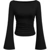 2025 Autumn Women's Solid Color Boat Neck Bell Sleeve Slim Fit Ruched Long Sleeve Top