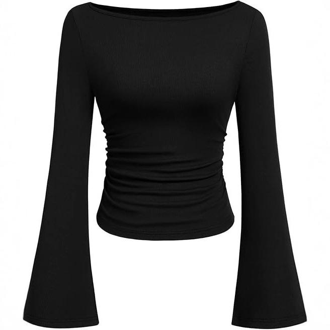 2025 Autumn Women's Solid Color Boat Neck Bell Sleeve Slim Fit Ruched Long Sleeve Top