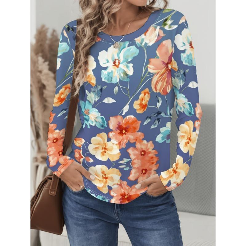 Vintage Floral 3D Print Women's Crew Neck Long Sleeve T-Shirts Comfortable Fashion Tops Tee Y2k Clothes Harajuku Female Clothing